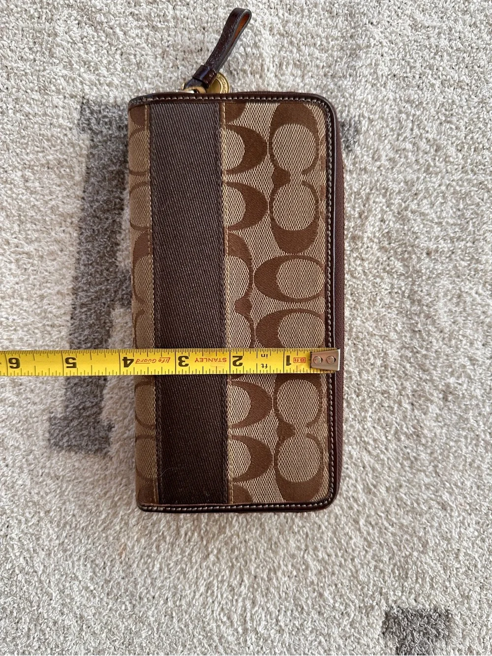 Coach Brown Signature Zip-Around Wallet with Dark Brown Stripe
